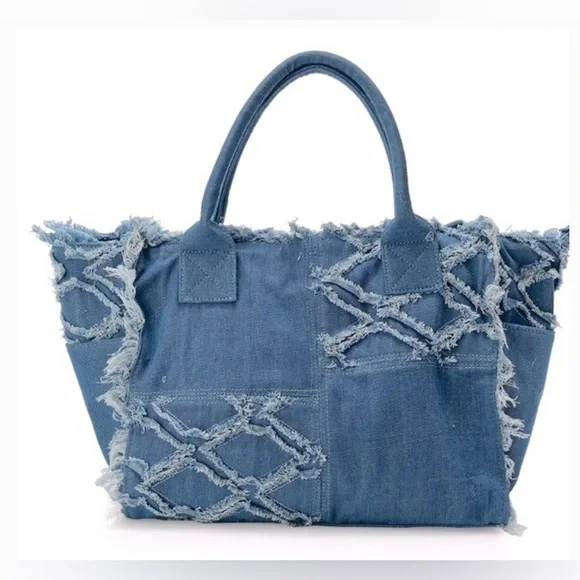 WildFox Blue Frayed Denim Tote. Size:OS - Picture 6 of 7